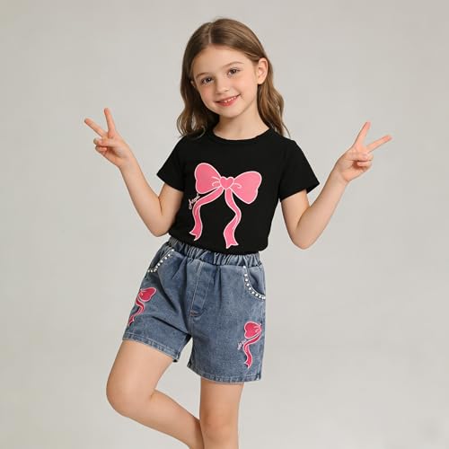 Image of Ayzozuy Kid Girl Clothes Shorts Set 2 Piece Outfits Summer Casual Short Sleeve Top and Shorts Set for Girls 4-7