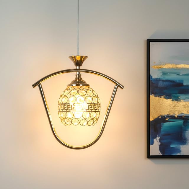 Image of ELIANTE Modern Glass Hanging Light for Living Room & Dining Area | Metal Ceiling Lamp with Elegant Glass Shade | 3 Years Warranty | Free Bulb (Crystaline)