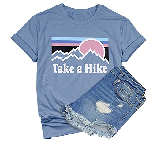 Take A Hike Shirts for Women Funny Letters Printed Casual Camping Travel Graphic Tees Tops (XL, Blue-1)