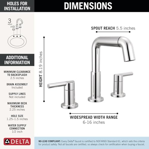 Image of Delta Nicoli Chrome Bathroom Faucet with Sprayer, 8 Inch 3 Hole Widespread Bathroom Sink Faucet with Pull Out Sprayer, Push-Pop Drain, Chrome 35849LF-PD