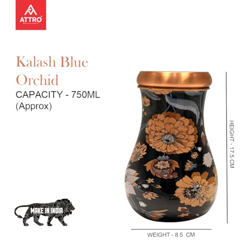 Image of ATTRO Kalash Copper Water Pot - Designer Water Storage & Serving, Ayurvedic Health Benefits, Supports Overall Health & Healthy Skin, 750ml Blue Orchid