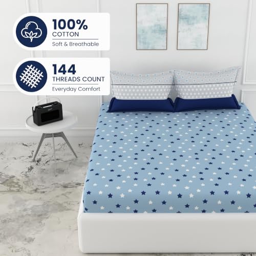 Image of LORETO - A QUALITY LINEN BRAND 144 TC 100% Pure Cotton King Size Fitted Bedsheet with 2 Pillow Covers for 72 x 72 Inch Mattress, All-Around Elastic, 8 Inch Deep Pocket, Nile Blue Stars