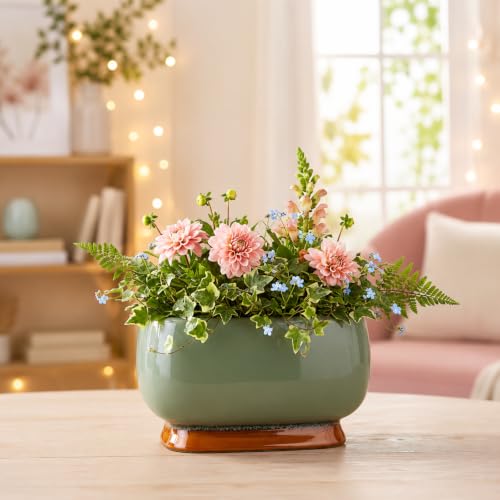 Image of Xtore Refined Glazed Ceramic Bonsai Planter Pot for Indoor & Tabletop Decor | Wide Low Profile with Drainage Hole | Turquoise Green Finish (Pack of 1, Planter Only)