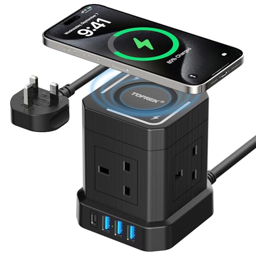 TOPREK Cube Extension Lead with 15W Wireless Charger - 4 AC Outlets, 20W USB-C & 3 USB-A Ports, 1800J Surge Protection, 2M Cable with 1 Switch for Home & Office