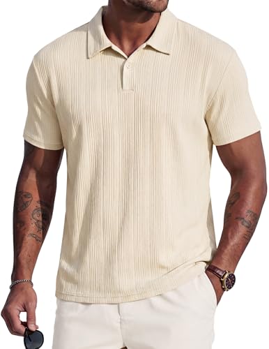 JMIERR 2026 Mens Casual Knit Polo Shirts Stretchy Old Money Textured Short Sleeve Dress Golf Shirts Apricot