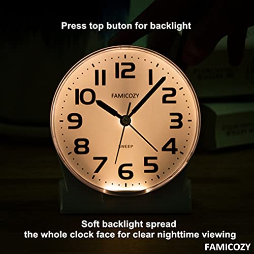 Famicozy 4.5" No Ticking Analog Alarm Clock,Silent Readable For Seniors,Easy To Set,Gradual Rise Alarm,Big Numbers,On/Off Switch On Side,Gentle Wake,Snooze Soft Backlight,Battery Operated,White #TOP4