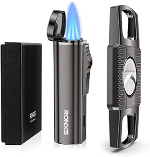 RONXS Torch Lighter and Cigar Cutter Set, Adjustable Triple Jet Flame Cigar Lighter, Windproof Butane Refillable Lighters, Gift for Dad Fathers Day(Butane Gas Not Included)