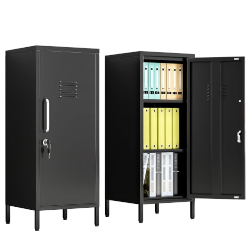 Image of pozdeg 35.43 inch Black Lockable Small Metal Storage Locker | Employees Locker with 1 Door & 2 Adjustable Shelves, Steel Cabinet for Employees, Home, School, Office & Gym