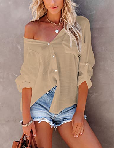 Image of Bsubseach Women Button Down Beach Shirt Long Sleeve Swimsuit Cover Up