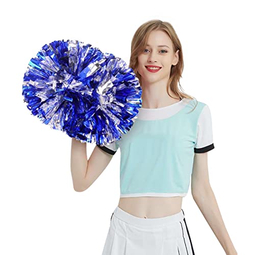 HOMU 2 Pack Cheerleader Pom Poms 12 in Cheerleading Poms Cheering Squad Pompoms Pom Cheering Team Foil Plastic Youth Pom for School Cheer Dance Kids Adults Team Spirit Cheering, Blue/Silver, BRSH1146