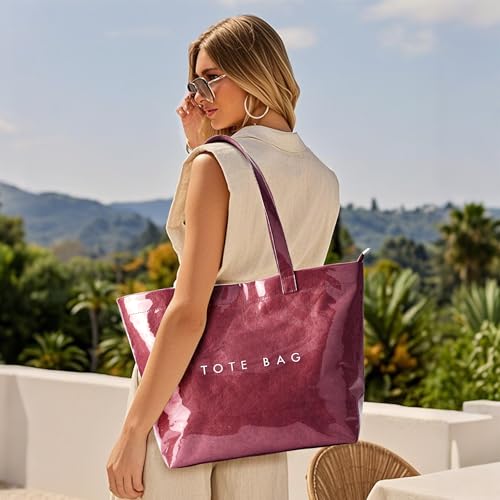Image of KALIDI PVC Zipper Tote Bag, Jelly Kraft Paper Beach Bag Large Hobo Carry All Travel Shopping Handbag Plastic Shoulder Bag