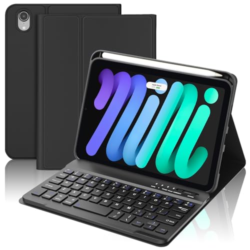 Image of SENGBIRCH iPad Mini 7th /6th Gen 2024 /2021 8.3-inch Bluetooth Detachable Keyboard Case with Rechargeable Pen Slot, Cute Cover with Detachable Keyboard for iPad Mini 7 /6, Black