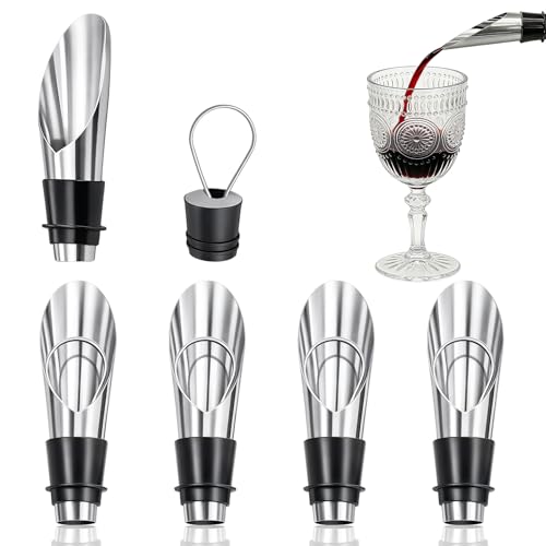 5 Pièces Verseurs en Acier Inoxydable avec 5 Bouchons pour Vin et Champagne – Bec Verseur pour Bouteilles, Bouchons Réutilisables Anti-Fuite pour Conserver...