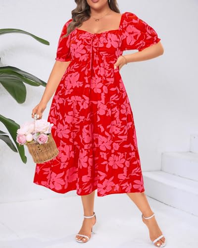 Image of Plus Size Summer Dresses - Sweetheart Neck Drawstring Puff Sleeve Casual Tiered Aline Flowy Midi Dress
