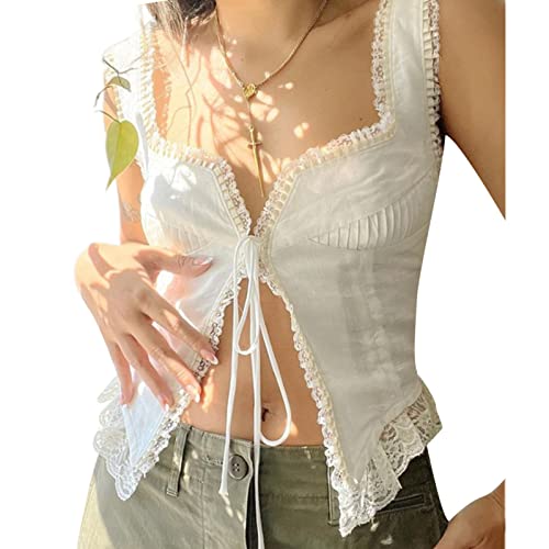 Women Fairy Grunge Lace Cami Tank Top Sleeveless Ruffle Lace Trim Square Neck Button Tie Up 90S Aesthetic Crop Tops (White-A, M) #TOP2
