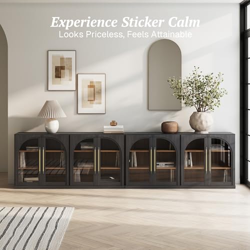 Image of BELLEZE 2-Piece 65 inch Arched Sideboard with Glass Door, Accent Buffet Cabinet with Storage and Adjustable Shelves, Classic Modern Large Console for Living Room Kitchen Entryway (Ebony)