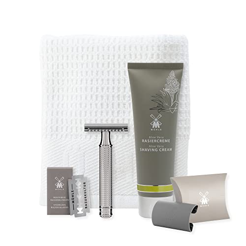 MÜHLE R 89 Rasierset 5 tlg. - Rasierhobel mit geschlossenem Kamm, Metall verchromt, Klinge, Creme, Tuch - silber