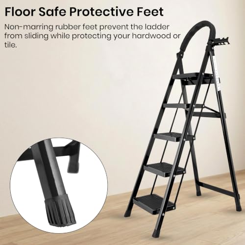 Image of Black 5 Step Ladder for Home Use with Built-in Tool Tray | Heavy Duty D Shape Rods | Ultra Large Platform | Wide Rubber Feet | 150Kg Capacity Foldable Ladder - 7 Years Warranty