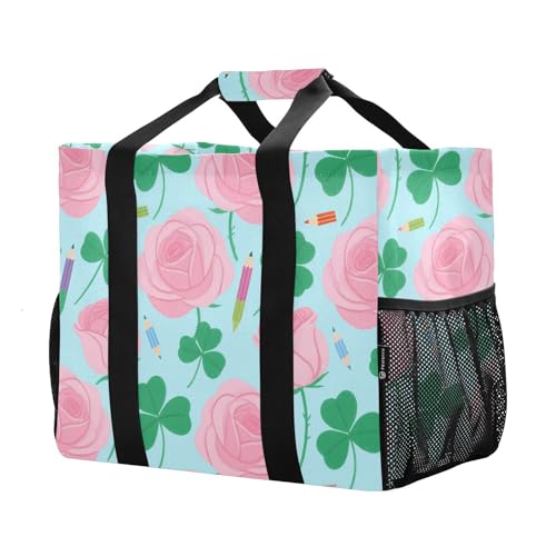 Pink Roses and Clover Beach Tote Pool Bags for Women Ladies Large Waterproof Gym Tote Carry On Bag for Weekender Swim Gym Shopping Travel Daily Bag2