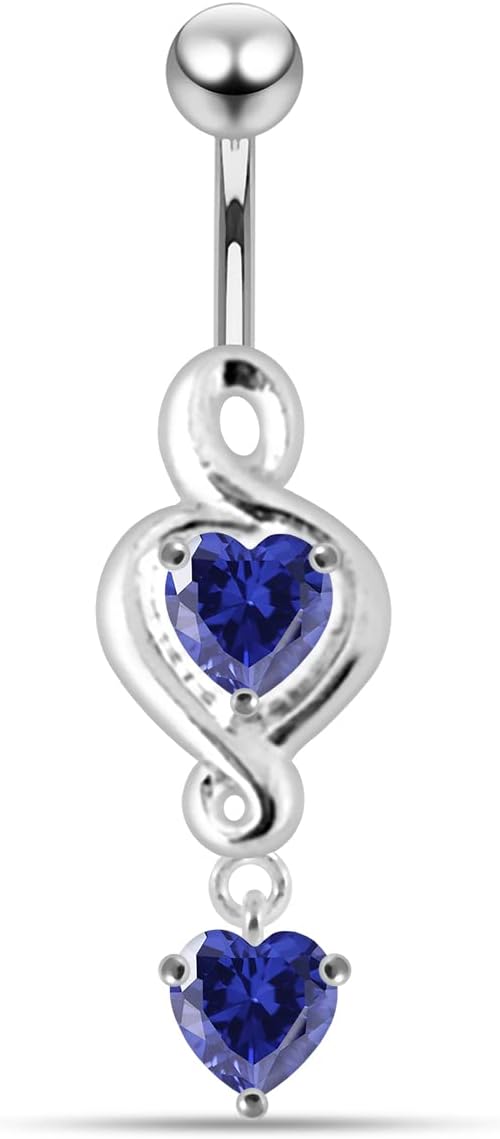 Silver Belly Rings Dark Blue CZ Gemstone Stylish Twister Heart Dangling 925 Sterling Body Jewelry