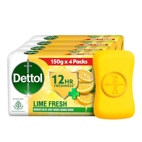 Dettol Lime Fresh (Lime Cool) Bathing Soap Bar with 12hr Freshness (600gm) |Long Lasting Freshness, 150gm Pack of 4