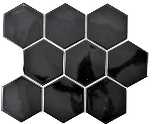 Mosaik Fliese Keramik Hexagon schwarz glänzend Küche Fliese WC Badfliese MOS11F-0301_f | 10 Mosaikmatten