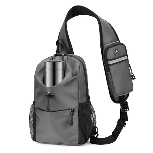 W WINTMING Bolsa tiracolo masculina com bolso para garrafa, mochila tiracolo pequena para viagens casuais e caminhadas, Cinza, 12.2 x 7.87 x 4.7 inch, Bolsa tiracolo masculina