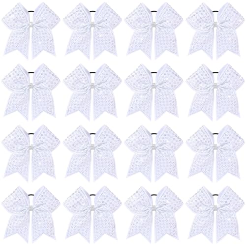 OAOLEER 16PCS Glitter Cheer Bows for Cheerleaders 7 Large Cheerleading Bows with Sparkle Rhinestone Cheer Hair Bows with Ponytail Holders Elastic Hair Band for Cheerleaders College Sports (White)
