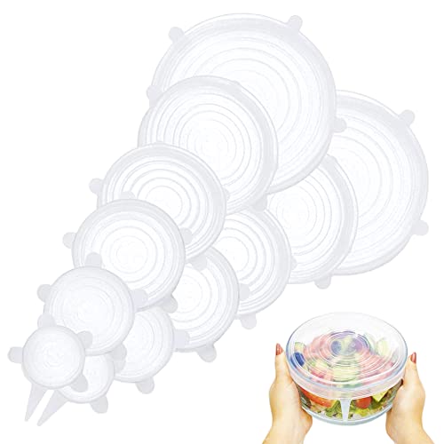 Couvercle Silicone Alimentaire adaptables ecologiques Elastiques Extensibles reutilisables sans BPA Lave Vaisselle Film Charlotte Couvre Plat Alimentaire reutilisable (12 Unités)