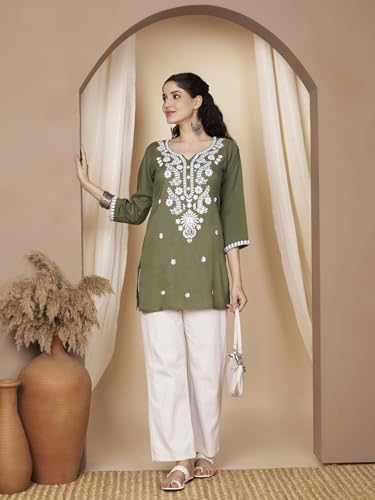 Image of Short Kurti for Women for Jeans, Chikankari Kurtis for Ladies, Lakhnavi V- Neck Women's Tunic Design Kurta, Floral Kurtas & Tunics for Woman