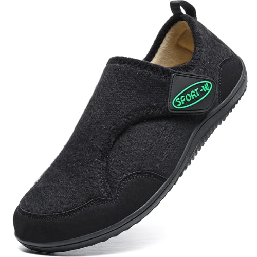 TETSUO Mens Slippers Womens Walking Wide Diabetic Shoes Warm Velvet Lining Soft Barefoot Slippers for Edema Swollen Feet Adjustable House Shoes Non-slip Indoor Outdoor