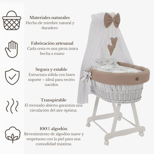 Miniatura 4 de Wiklinopol - Cuna Mecedora De Mimbre Con Dosel Y Soporte Lena Cesta Moses En Blanco, Set Completo Con Edredón De 5 Piezas Safari Beige Con Ruedas, Portátil, Seguro