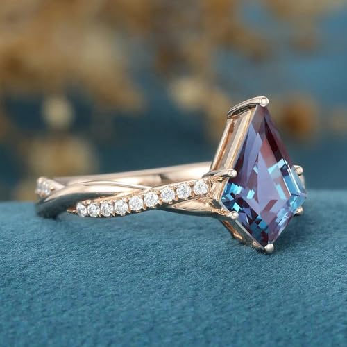 Kite Cut Alexandrite Rings for Women 10K 14K 18K Gold 6×9MM Lab Created Color Change Alexandrite Promise Engagement Wedding Anniversary Ring for Her Size 4-153