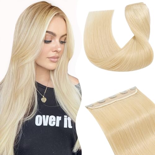 Image of TESS Clip In Hair Extension Blonde,Hair Extensions Real Human Hair One Peice 5 Clips Straight Natural Hairpieces for Womens/Girls(#613 Bleached blonde,16Inch)