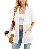 PrinStory Women's Cardigan Short Sleeve Open Front Cardigans V Neck Lightweight Outwear Loose Fit Tops With Pockets UK 14-16 (White, L)