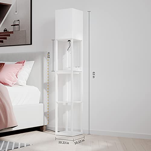 Image of SUNMORY Dimmable Floor Lamp with Shelves,Modern Solid Wood Standing Lamp with 1 Drawer and 2 USB Ports & 2 Power Outlet,Corner Tall Bookshelf Lamp for Living Room and Bedroom(White)