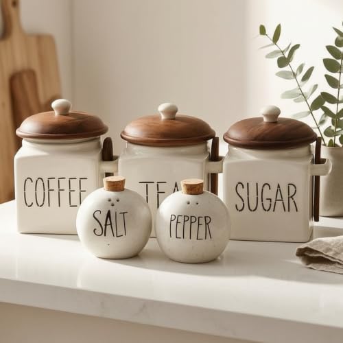 Image of Premium Kitchen Storage Set with Wooden Lids - Tea, Coffee & Sugar Jars with Salt & Pepper Shakers | Modern Kitchen Decor | Airtight Containers Combo (Set of 5)