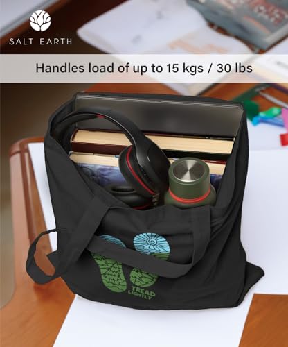 Salt Earth 100% Cotton Printed Black Canvas Tote Bag For Women and Men, Reusable Grocery Bags, Travel Bag, Utility Tote Bag For Women, College Bag, Shopping Bags with Aesthetic Prints (Tread Lightly)