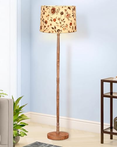 Image of Homesake Mid Century Modern Floor Lamp for Living Room | Hand Turned | Corner Lamp for Living Room, Stand Lamp with Fabric Lampshade for Bedroom, Study Room and Office, (Vine and Flowers)