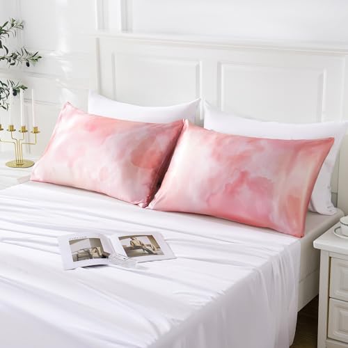 Image of MR&HM Satin Pillowcase for Hair and Skin, Silk Satin Pillowcase 2 Pack, Queen Size Pillow Cases Set of 2, Silky Pillow Cover with Envelope Closure (20x30, Dream Pink)