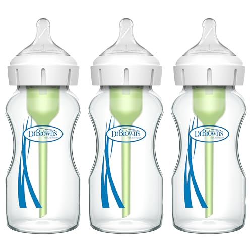 Image of Dr. Brown's Natural Flow Anti-Colic Options+ Wide-Neck Glass Baby Bottles 9 oz/270 mL, with Level 1 Slow Flow Nipple, 3 Pack, 0m+