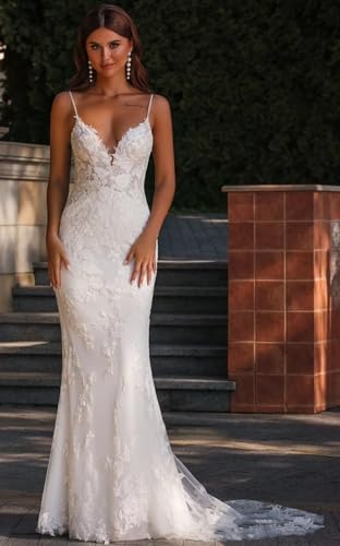 Lace Applique Wedding Dresses for Bride Spaghetti Straps Mermaid V Neck Long Bridal Gowns 20253