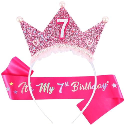 Vovii Birthday Girl Headband with Pearl & Sash Set for 7th Birthday Decorations for Girls, Princess Crown Headband for 7 Year Old Girl Dress Up, Photo Prop & Party Decorations Gifts