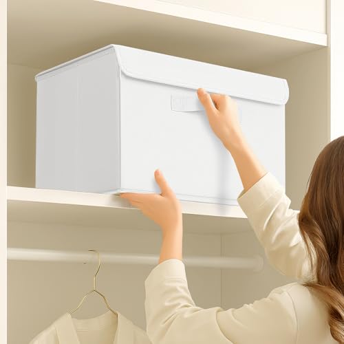 DIMJ Aufbewahrungsboxen mit Deckel, Faltbare Aufbewahrungskiste mit Griff, Aufbewahrungskorb Stoff, Ordnungsboxen Kleiderschrank Organizer, Faltbox für Kleidung, 2 Stück, Hellweiß