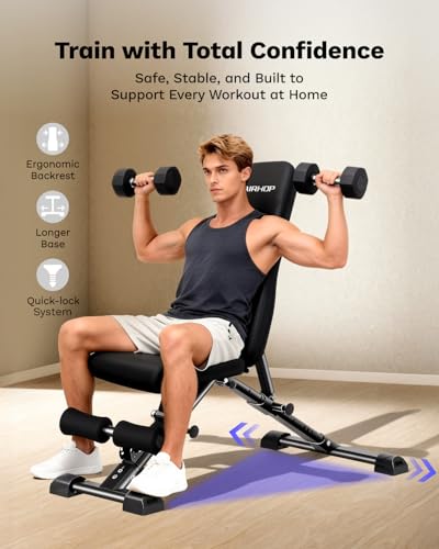 AIRHOP Upgraded Adjustable Weight Bench, Bench Press Full Body Workout, Quick Fold Space Saving, Workout Bench for Home Gym Strength Training