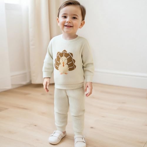 Fernvia Baby Boy Fall Clothes Toddler Thanksgiving Outfit Turkey Football Embroidered Waffle Knit Sweatshirts Pants Set2