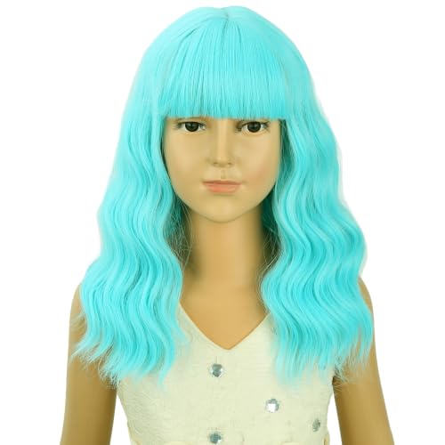 Image of Kids Light Blue Wig Girls Short Blue Wavy Curly Wigs Child Wig with Air Bangs Synthetic Cosplay Hair Wigs