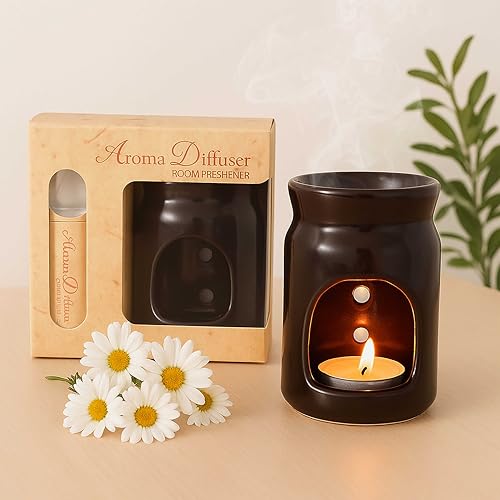 Image of Pure Source India Ceramic Aroma Diffuser Oil Burner - Tealight Candle Wax Melt & Essential Oil Warmer with Gift Box (Black)