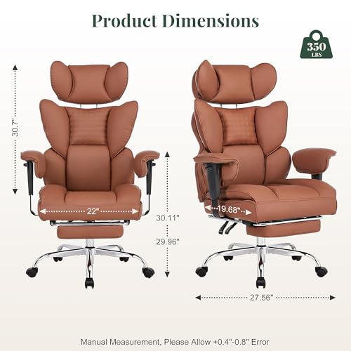 Image of Big and Tall Ergonomic Office Chair,350 lbs,High Back Reclining PU Leather Gaming Chair with Footrest, Adjustable Armrests, Lumbar Support, Executive Desk Chair for Home Office, Brown