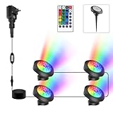 CREPOW RGBW Pond Lights with Timer, 18 LED Super Bright Underwater Submersible Fountain Lights Color Changing Spotlights, Remote Control IP68 Waterproof for Fish Aquarium Tank Garden Pool (Set of 4)